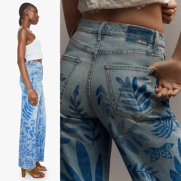 NWT Mother Denim The Lasso Sneak Jeans Pressed Leaves 29 Blue Painted Denim Jean - Picture 4 of 16